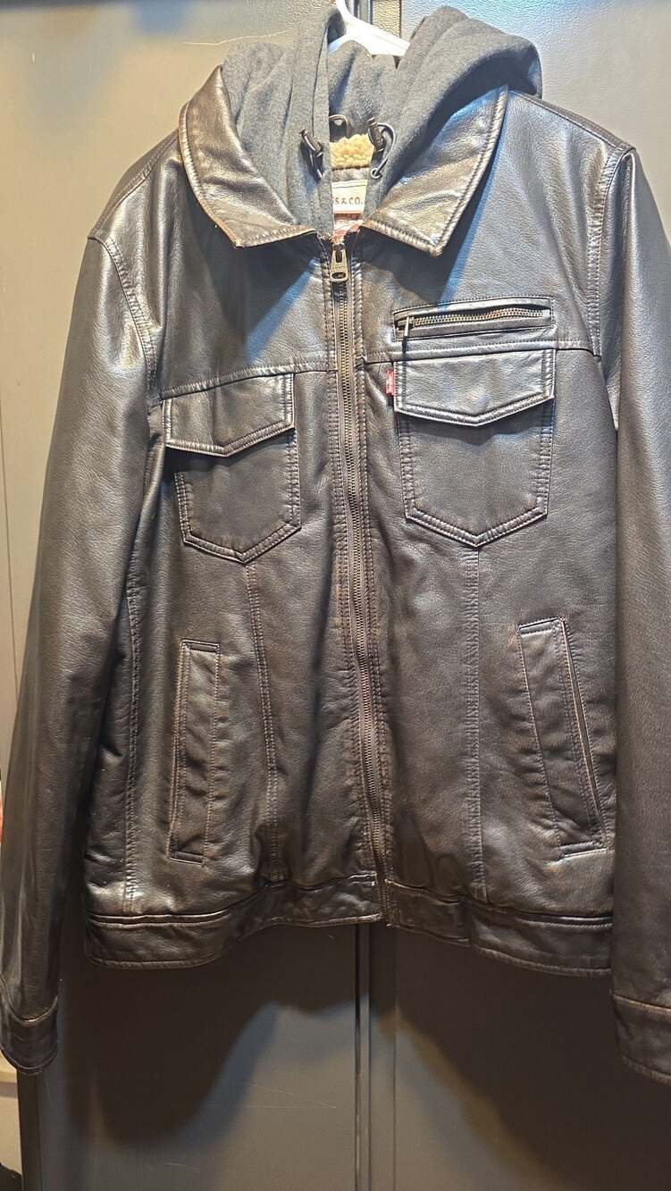 Levi Strauss Trucker Biker Distressed Leather Jacket Fleece Size Medium 54163